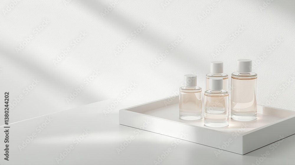 Poster minimalist setup of perfume bottles on a white tray with soft lighting creating subtle shadows.