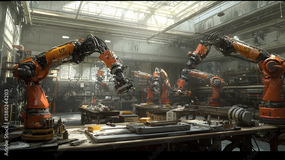 Poster multiple high tech robotic arms engaged in mechanical assembly and fabrication tasks within a large 