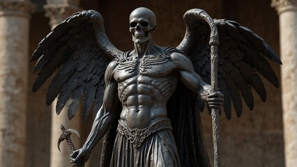 Fototapeta premium A sculpture of Thanatos, the god of death, spreading his dark wings while holding a silver scythe, awaiting the arrival of souls