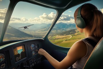 Fototapeta premium Pilot navigating a small aircraft over scenic mountain landscape during daytime