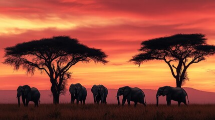 Fototapeta premium Six elephants stand majestically in front of a breathtaking sunset, their silhouettes framed by acacia trees and stunning colors, evoking emotions of tranquility and awe in nature’s presence.