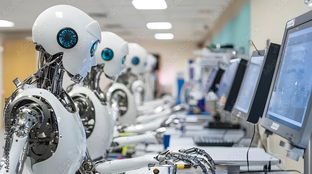 Fototapete rows of advanced humanoid robot arranged in a high tech workspace filled with computer monitors elec