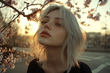 Obraz premium Commercial ad campaign creative. Lovely caucasian young woman surrounded by cherry blossoms. Spring mood, golden hour in sunset. Woman in commercial spring shoot with flowers.