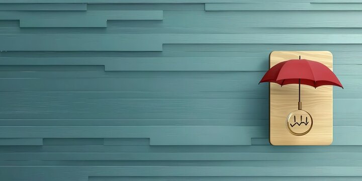 protect prevention policy concept. Wooden wall with a red umbrella icon, creating a playful design.