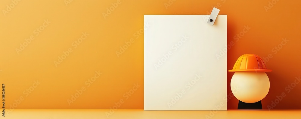 Poster protect prevention policy concept. minimalist workspace with an empty board and a decorative lamp.