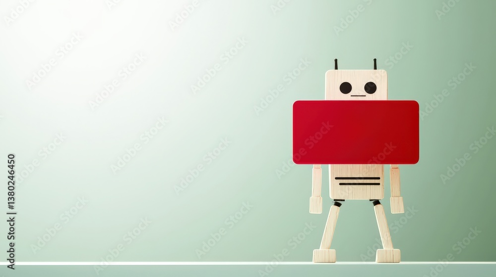 Poster protect prevention policy concept. a toy robot with a red block on its chest against a green backgro
