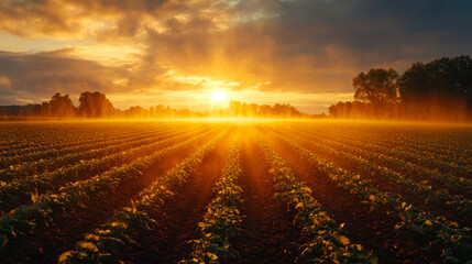 Golden Vegetable Crop Field at Sunset with Irrigation System in Alberta Landscape