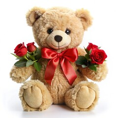 Cute teddy bear with red bow and roses