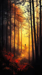 Obraz premium Mysterious Autumn Forest with Mist and Golden Light: Spooky Woodland Illustration