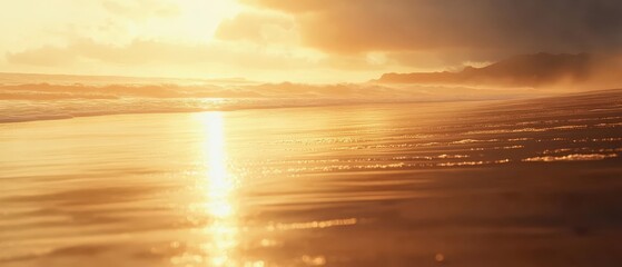 Goldenhour light reflecting on wet sand, creating a dreamy, glowing summer beach scene