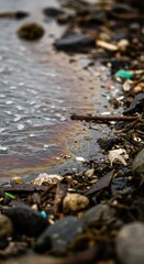 Beach pollution with plastic waste and debris on shoreline. Environmental damage concept. Ocean contamination and ecological disaster. Water pollution problem.