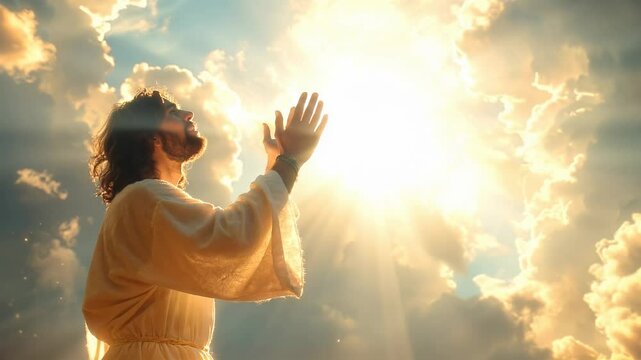 Jesus Christ Praying, Ascension to Heaven. Christian Background, Banner