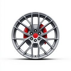 Obraz premium Grey Alloy Wheel with Red Brake Caliper on White Background