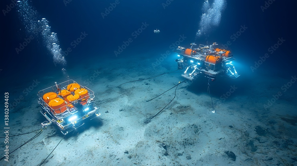 Poster Two robotic underwater vehicles equipped with various sensors and instruments conducting research and surveys of the deep sea floor and surrounding environment