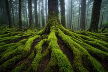 Vibrant green moss covering a thick tree trunk in a misty forest Generative AI