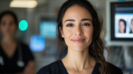 Naklejka premium A portrait of a smiling healthcare professional, exuding confidence and expertise, captured in a modern medical setting.