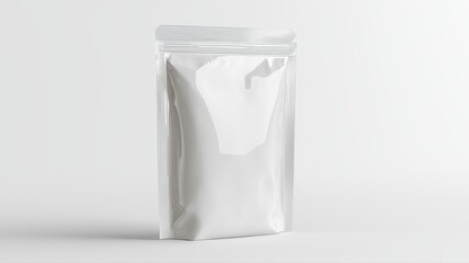 Minimalist white ziplock stand-up pouch for product packaging on a plain background.