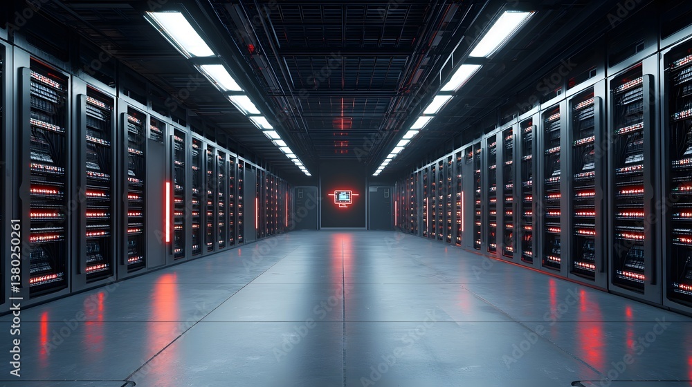 Leinwandbilder vast server room filled with rows of high tech computer equipment illuminated by a haunting red glow