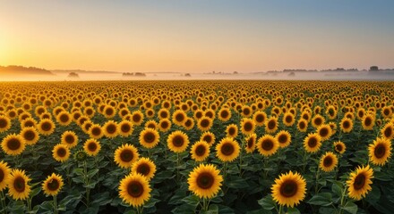 Fototapeta premium Golden Sunrise over a Vast Sunflower Field