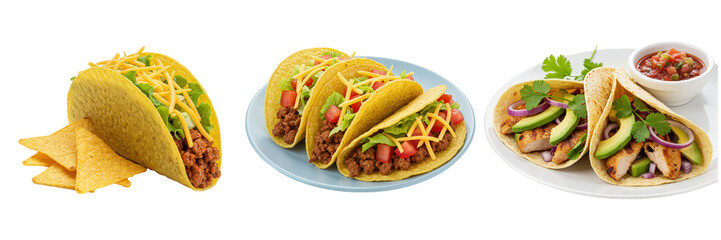 Three Tasty Tacos Crunchy Beef Ground Beef and Grilled Chicken.