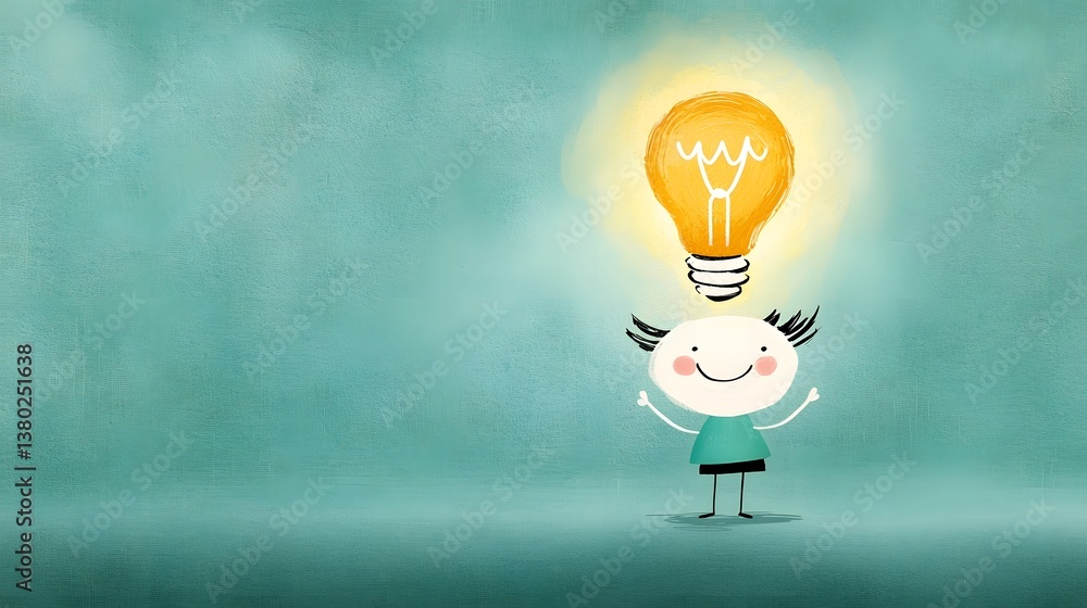 Poster whimsical cartoon depicting a character with a luminous lightbulb hovering above their head symboliz