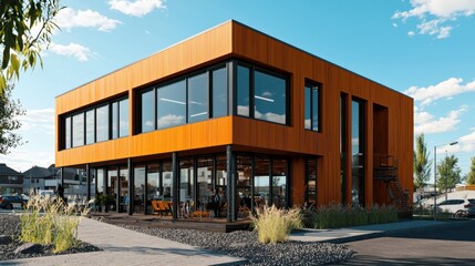 Modern Architectural Marvel: A contemporary wooden-clad building with expansive glass windows stands elegantly under a clear, blue sky, showcasing modern design and natural elements.