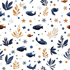 Obraz premium Blue fish swim among sea plants in a seamless pattern, perfect for children's illustrations, showcasing a flat and minimalistic design