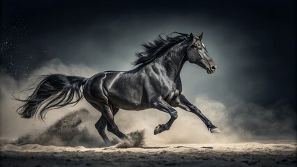Black horse running wild in desert landscape image for equine photography and horse lovers stock photos