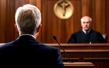 A courtroom scene with a lawyer presenting their case from a podium facing the judge. Lawyer pleads before judge.