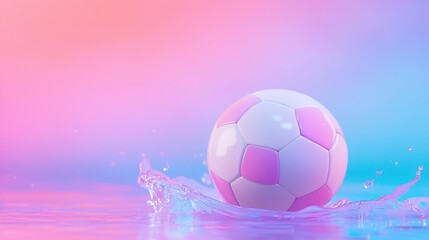 Fototapeta premium A vibrant soccer ball splashes in water against a colorful pastel background, creating a playful and energetic scene.
