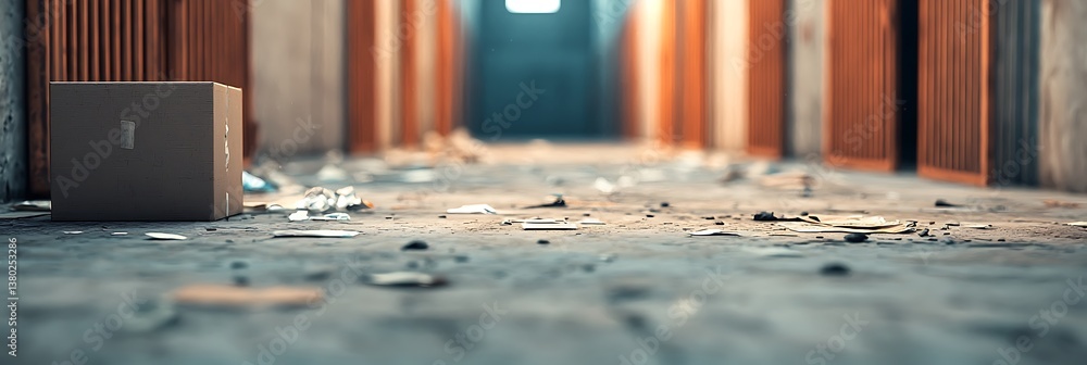 Aufkleber a cluttered hallway with a cardboard box and scattered debris, illuminated by soft light from an ope