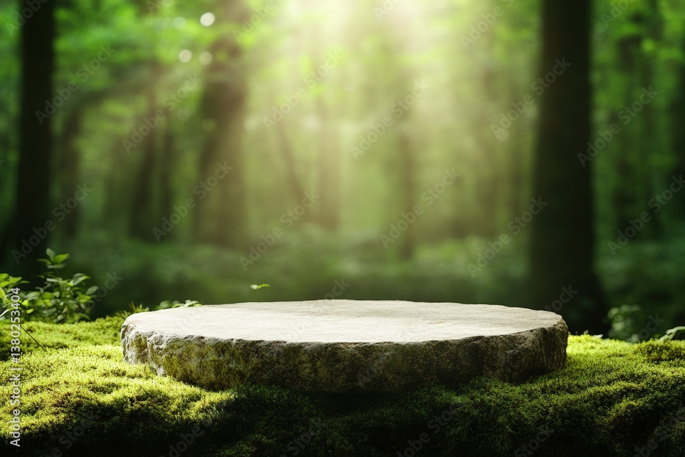 Aufkleber a serene forest setting featuring a moss-covered platform illuminated by soft, ethereal light filter
