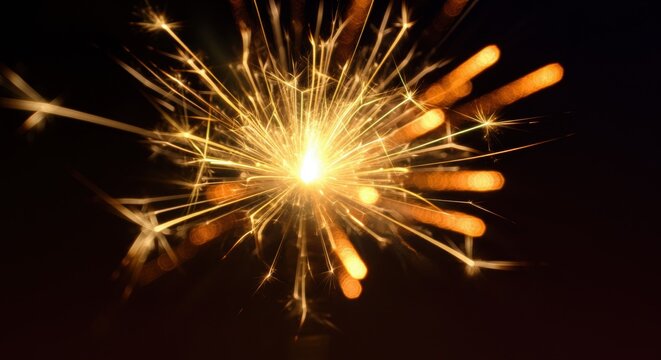 Vibrant golden sparkler bursting with bright radiance against dark background - Powered by Adobe