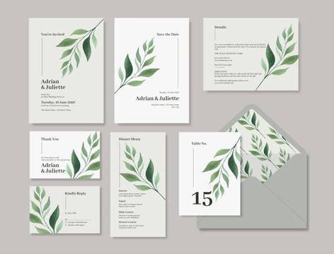 Minimalist wedding suite with greenery leaf illustrations. A simple and minimalist wedding stationery template.