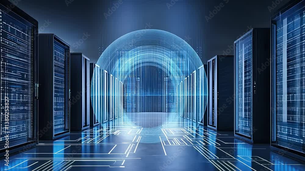 Poster high-tech data center with server racks, blue digital interface, and glowing network connection in s