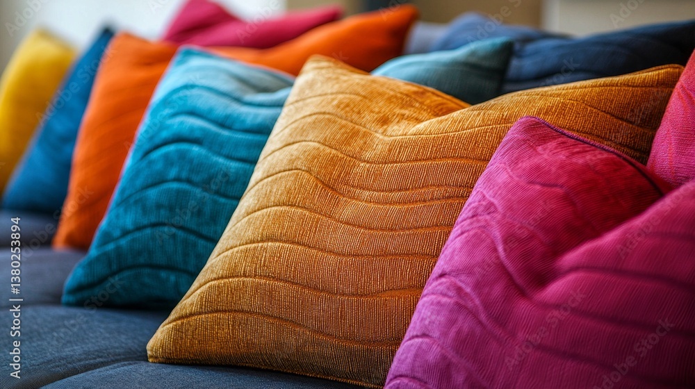 Aufkleber a delightful array of multicolored pillows adds charm and comfort to the sleek sofa, creating a cozy