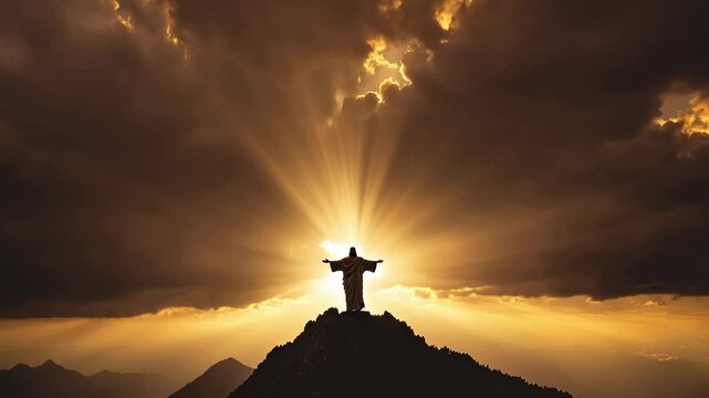 Silhouette of Jesus Christ praying with arms outstretched against golden sunburst breaking through dark storm. Powerful rays of light create divine atmosphere while clouds swirl around Him.
