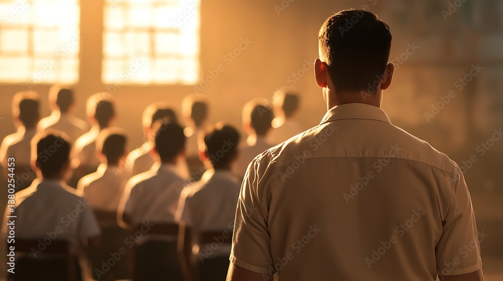 Poster a silhouette of a teacher stands before a group of seated students, illuminated by warm light stream