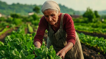Fototapeta premium An elderly woman tends to her vegetable garden, showcasing dedication and connection to nature amidst lush green plants.