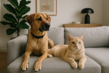 Dog cat relaxing sofa together
