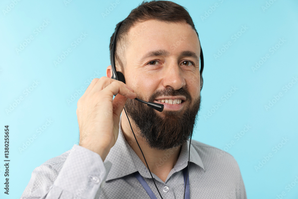 Poster technical support call center. portrait of smiling operator on light blue background