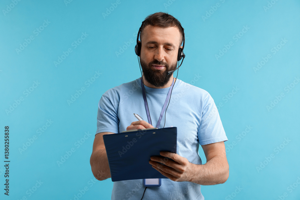 Poster technical support call center. operator with clipboard on light blue background