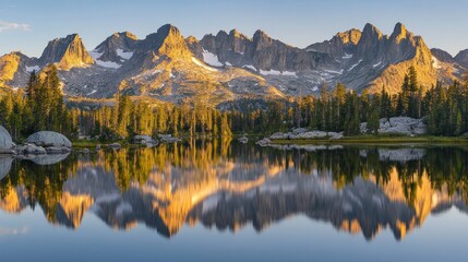 Obraz premium Majestic Mountains Reflecting Upon a Calm Lake at Golden Hour