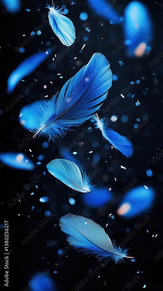 Poster floating blue feathers and particles create a serene atmosphere in a dark background environment