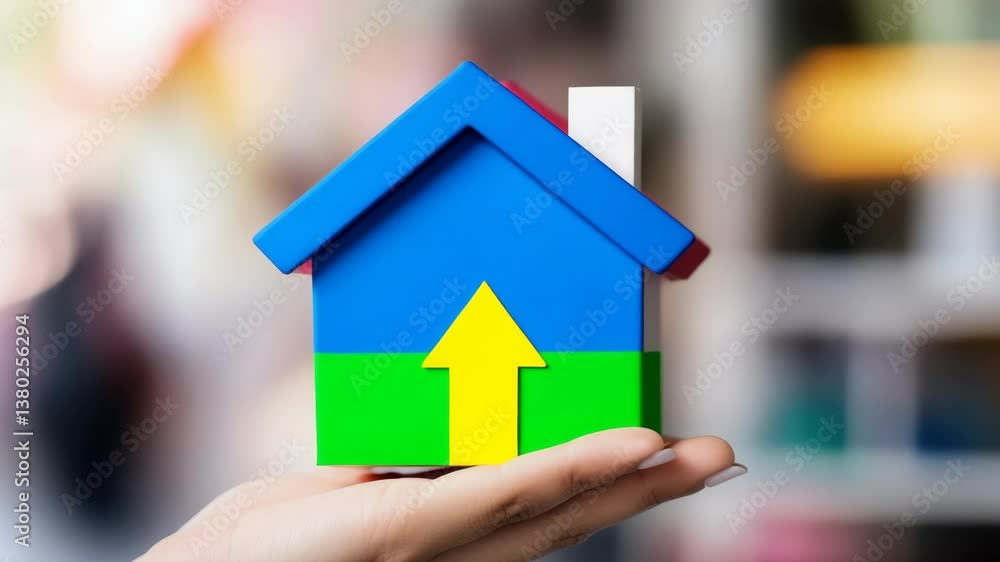 Poster house model on palm with arrow pointing up turns backside
