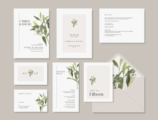 Minimalist wedding stationery template with a beautiful watercolor floral illustration.