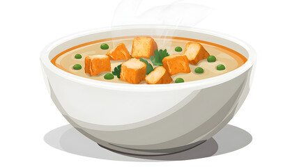 A steaming bowl of pea soup with croutons on top