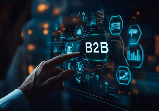 Businessman touching a virtual screen with the word B2B on it and icons of handshakes, gears, graphs, a target, and hexagons in the background - Powered by Adobe