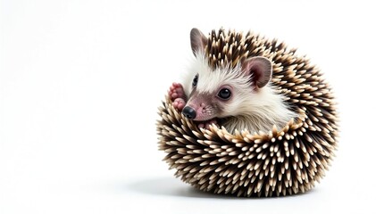 Obraz premium Tiny hedgehog curled into a ball on pure white background, clipart, image