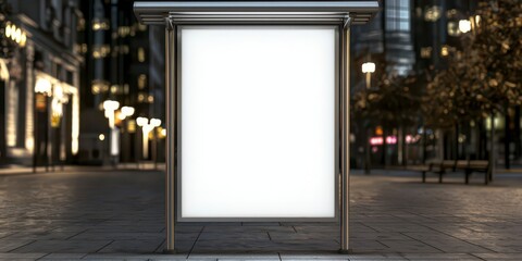 Bus shelter at busstop blank white lightbox empty billboard and ad placeholder glass and aluminum structure transit station urban setting focus cover all object. Empty urban transit